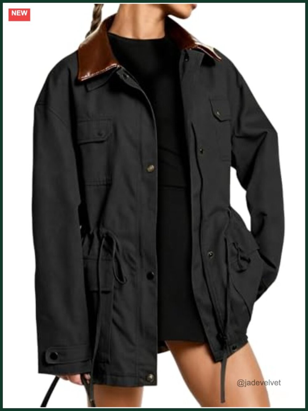 Faux Leather Collar Utility Jacket Button Zip Up Coat Multiple Pockets